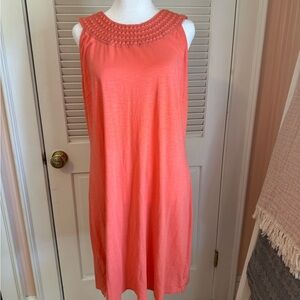 Coral Sleeveless Dress with Beaded Neckline